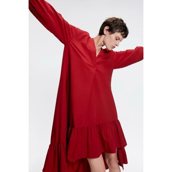 ZARA RED Ruffled POPLIN MIDI DRESS. SIZE MEDIUM - Picture 6 of 6